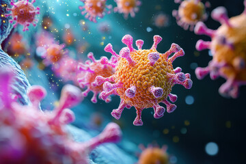 Fototapeta premium Detailed close-up of a coronavirus particle, showcasing its unique structure and vibrant colors in a scientific context.