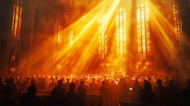 A powerful portrayal of a gospel choir singing passionately in a small, vibrant church, with rays of sunlight streaming through the windows