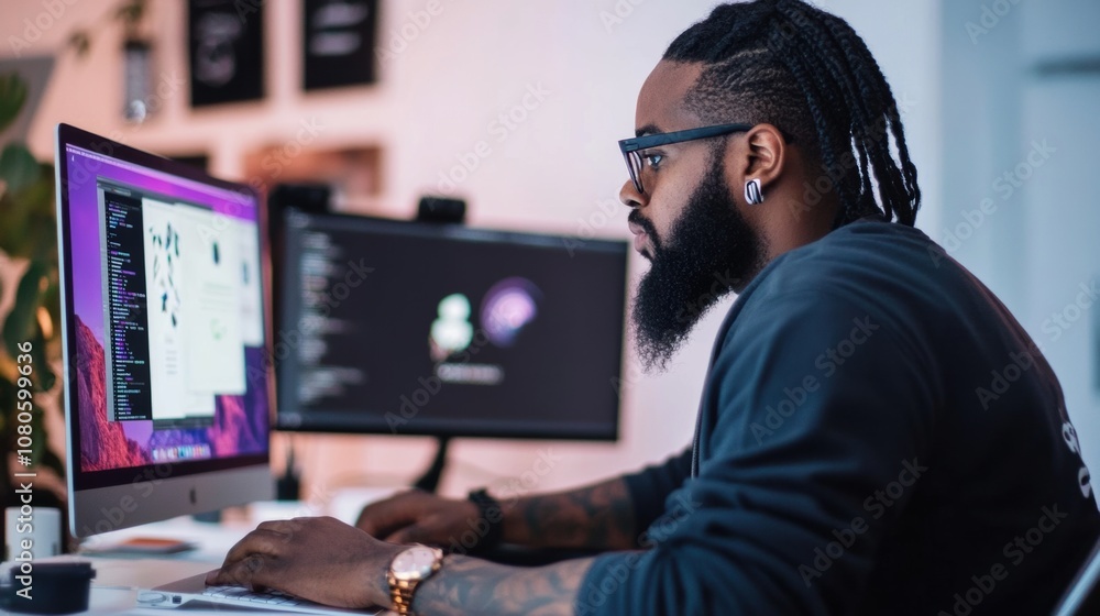 Poster focused individual coding at dual monitors in a modern workspace