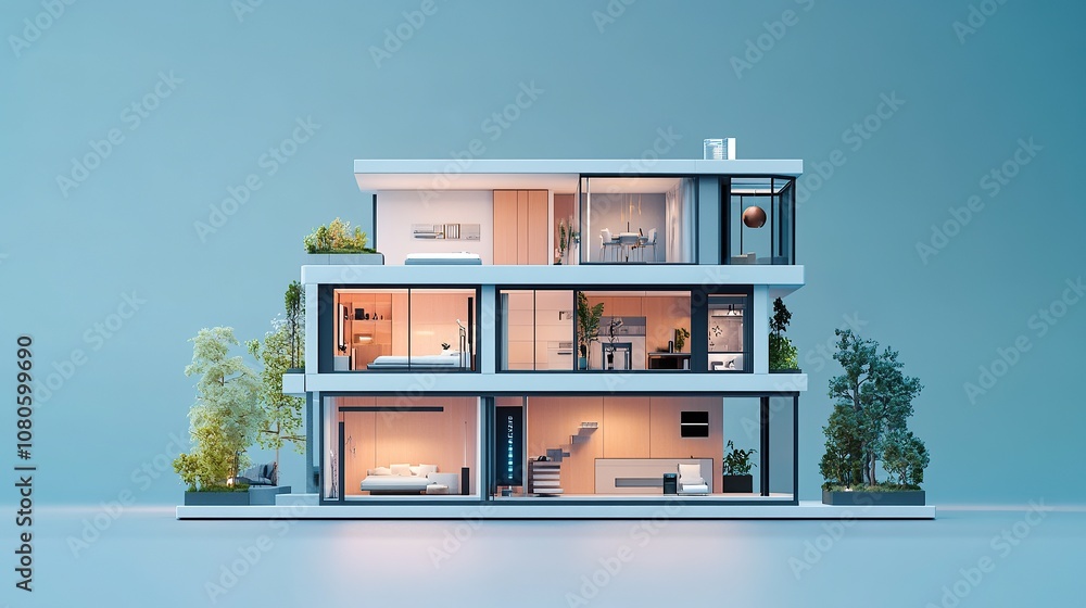 Poster Modern architectural model showcasing a multi-level house with interior design elements.