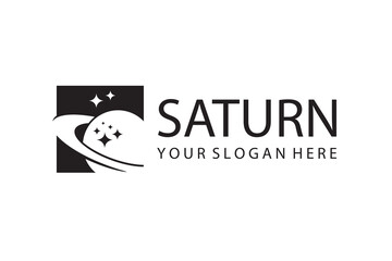monochrome design of planet saturn with stars isolated on white background © Alexkava