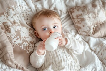 Adorable 7 month old baby with blue eyes enjoying milk from a bottle while relaxing in bed