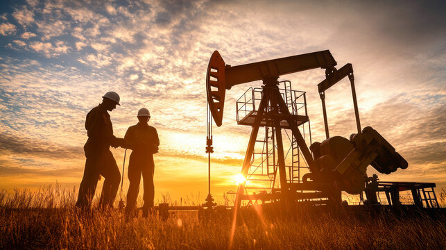 Silhouetted oil and gas workers on a drilling rig at sunrise, capturing a powerful moment in a photorealistic landscape