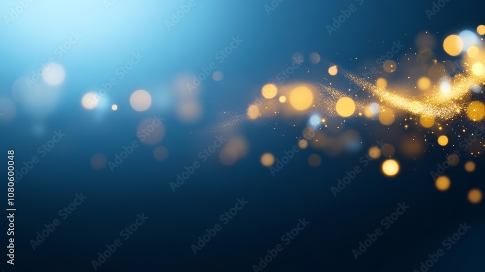 Poster a calm and enchanting display of golden light particles twinkling softly against a deep blue backgro