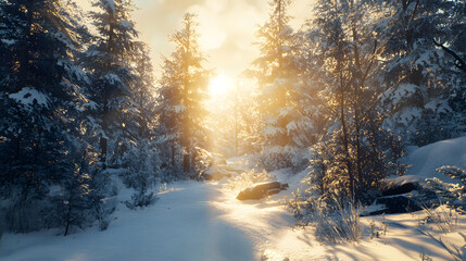 Naklejka premium Forest with snow-covered trees and sunlight filtering through, peaceful winter scene 