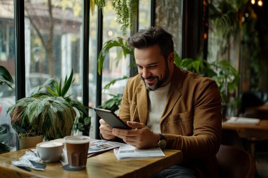Businessman engaged in online news while enjoying coffee at a cafe with his smartphone