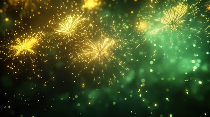 Fototapeta premium Bright green and gold fireworks on a dark sky, leaving ample space for copy at the bottom.