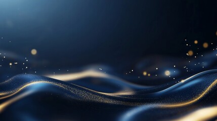 Soft blue fabric forms undulating waves, illuminated by scattered golden lights in a dark, ethereal space, creating an atmosphere of calm and sophistication