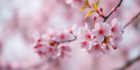 Soft pink cherry blossoms against a gentle springtime blur background, blurred landscape, bloom, flowers