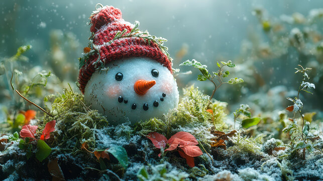 Winter Snowman Melting Amid Climate Change and Warming Weather Concept Image