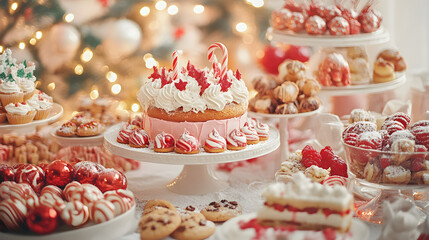 
Holiday dessert table with cakes, cookies, and candies, bright 