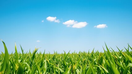 Fototapeta premium A lush and vibrant field of green corn stretches out towards the horizon under a brilliant blue sky with just a few puffy white clouds floating by, outdoor scenes, rural landscape