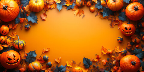 Halloween Pumpkin Decoration Background with Autumn Leaves for Spooky Holiday Theme