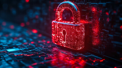 Digital Red Padlock with Binary Code: Cybersecurity and AI Encryption Concept