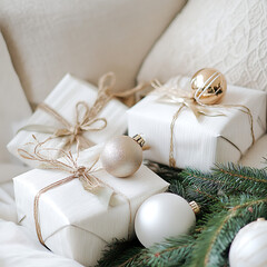 Elegant White Gift Boxes with Natural Twine and Christmas Ornaments on Soft Textured Background,...