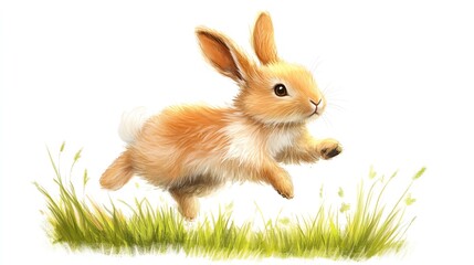 Fototapeta premium a 2D cartoon illustration of a rabbit hopping in the garden, energetic and fluffy, white background--ar 16:9