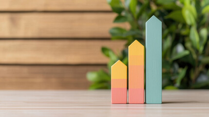Colorful wooden blocks representing a rising graph against a natural wooden backdrop, symbolizing growth and progress in business.