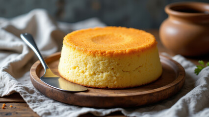 A delicious-looking baked Kunafa dessert with a golden brown crust on a wooden serving board.