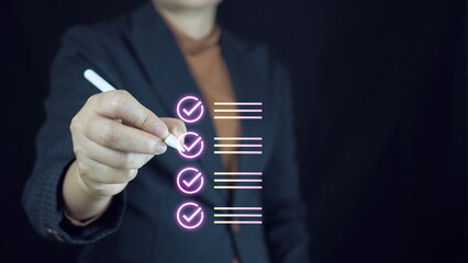 Business project approval concept.Quality check, Businesswoman makes a checklist Assessment and...
