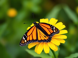 Naklejka premium A beautiful monarch butterfly sits on a bright yellow flower, its wings spread wide, wing, insect