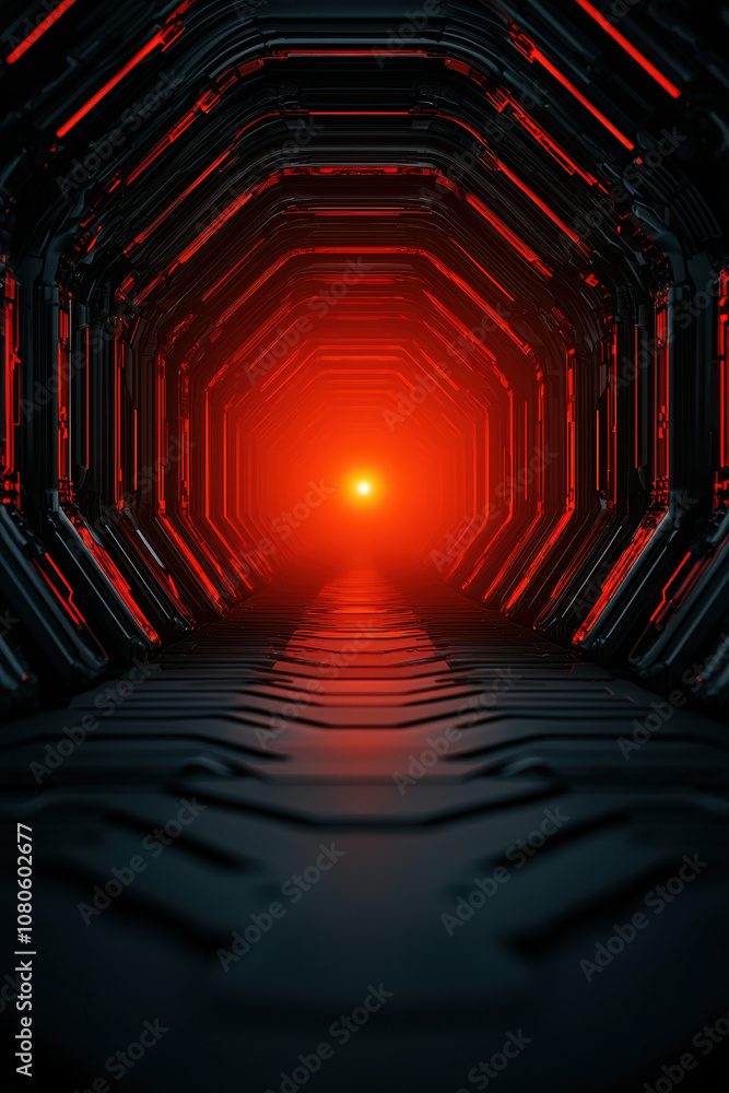 Wall mural a futuristic, sci-fi tunnel illuminated by vibrant red light, creating an intriguing atmosphere perf