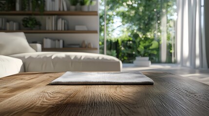 Indoor wooden table and plant poster background with Generative