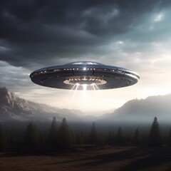Naklejka premium Flying saucer, UFO, alien, extraterrestrial, landing in a vast field with mountains and sky behind.