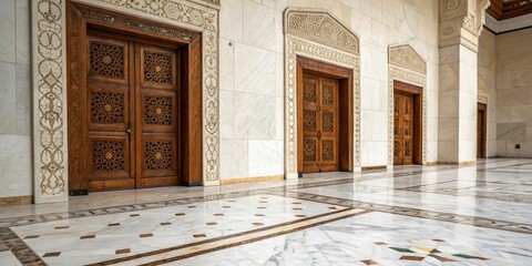 Obraz premium Marble floor with ornate wooden doorways, inviting ambiance, refined architecture