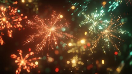 Obraz premium Bright multicolored fireworks in the night sky, with space for writing at the bottom.