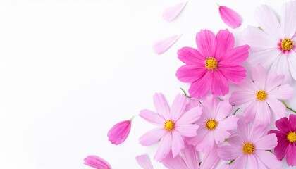 Closeup of Blooming Cosmos Flowers and Petals Isolated on White Background. Top View of Flower with Empty Space.