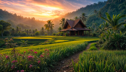 Cottage in a rice field among the mountains