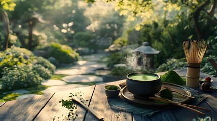A steaming cup of matcha tea on a wooden table in a serene Japanese garden.