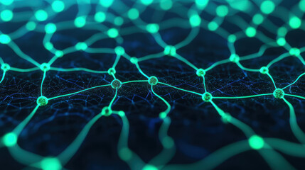 Obraz premium Abstract digital network with glowing nodes and interconnected lines, representing data flow and connectivity in technology and innovation.