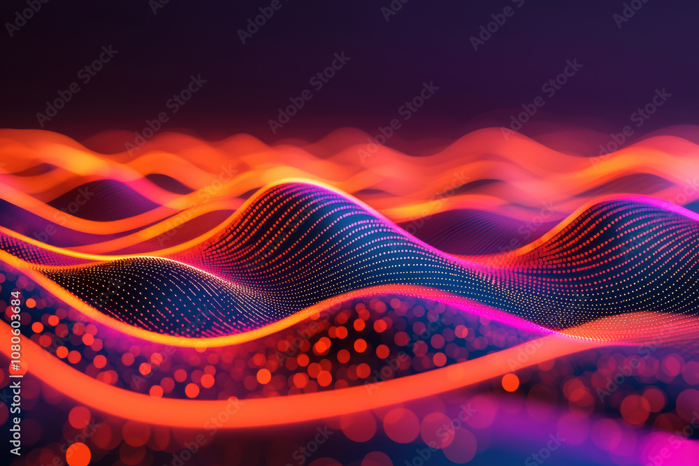 Wall mural colorful abstract waves with glowing dots create a mesmerizing visual experience, perfect for techno