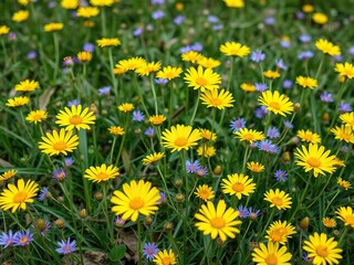 Fototapeta premium yellow and purple flowers in a spring meadow, yellow petals, spring, floral painting