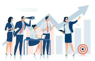 Presentation, vision, strategy, education. The female leader. Discussing business plan. Vector illustration 