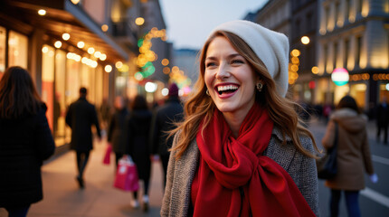 Fototapeta premium Festive Holiday Shopping Moment - Happy Woman Shopping, Christmas Gifts, City Lights, and Holiday Cheer