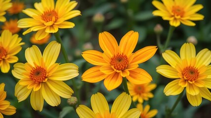 Close-up shot of bright yellow and orange flowers in a garden, with delicate petals and a unique shape, unique shapes, nasturtium flower