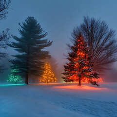 Naklejka premium Enchanted Winter Landscape with Colorful Christmas Trees Illuminated in Snowy Foggy Forest at Dusk