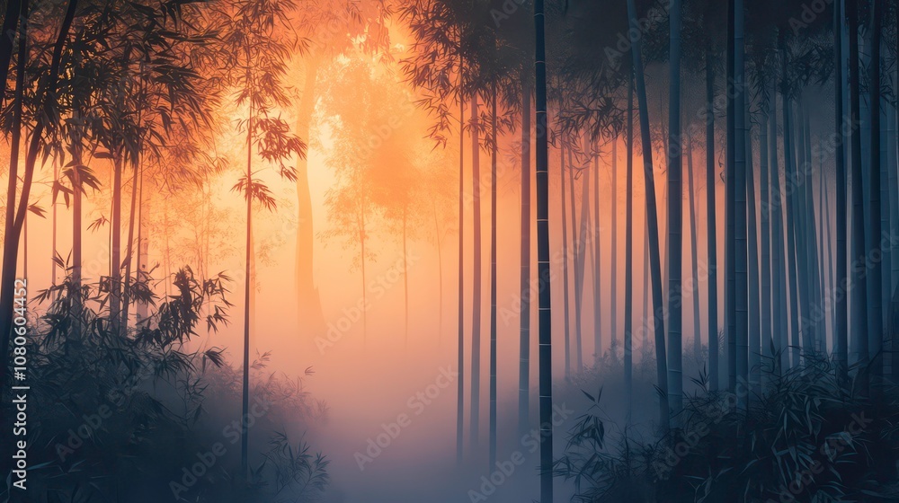 Poster A mystical bamboo forest bathed in the soft glow of the setting sun, with fog creating an ethereal atmosphere.