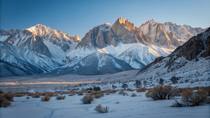 Mount Whitney Winter Morning Light Shines, snow capped mountains, frozen lake, cold weather, frosty landscape, mount whitney