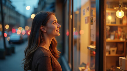 Obraz premium Festive Holiday Shopping Moment - Happy Woman Shopping, Christmas Gifts, City Lights, and Holiday Cheer