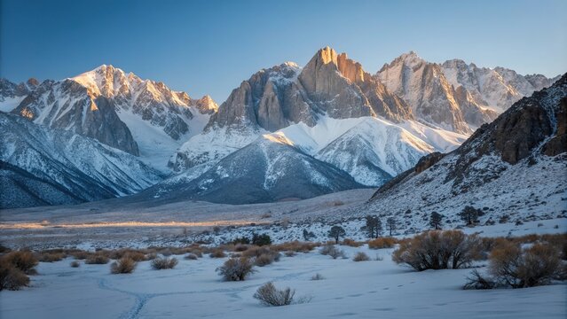 Mount Whitney Winter Morning Light Shines, snow capped mountains, frozen lake, cold weather, frosty landscape, mount whitney