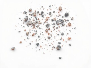 Small rocky fragments scattered on a pristine white surface, suspended in mid-air as if falling from an unknown height, geological formation, atmospheric effect