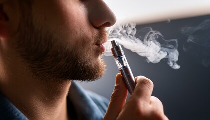 A person blowing vapor or smoke out of the mouth after using vape or electronic cigarette; a close up view of a person exhaling smoke after vaping; electronic cigarette and vape; smoking photography