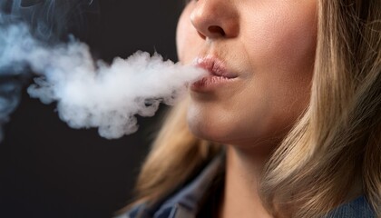 A person blowing vapor or smoke out of the mouth after using vape or electronic cigarette; a close up view of a person exhaling smoke after vaping; electronic cigarette and vape; smoking photography
