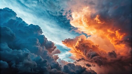 Vibrant swirling clouds of blue and orange hues blend together in a mesmerizing abstract art piece, artistic expression, fluid shapes, swirling patterns, dynamic composition