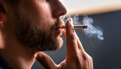 A smoker enjoying a cigarette; a close up view of a person smoking a cigarette and inhaling the smoke; selective focus; smoking cigarette; unhealthy and dangerous habit; smoke and tobacco; a smoker 