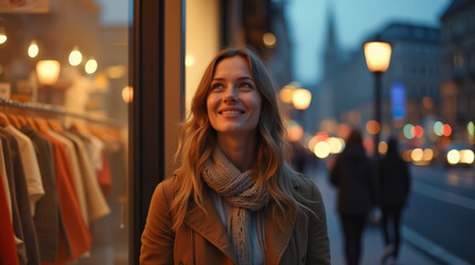 Festive Holiday Shopping Moment - Happy Woman Shopping, Christmas Gifts, City Lights, and Holiday Cheer