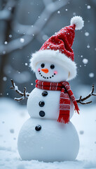 Fototapeta premium cheerful snowman wearing a red hat and scarf in a snowy winter landscape